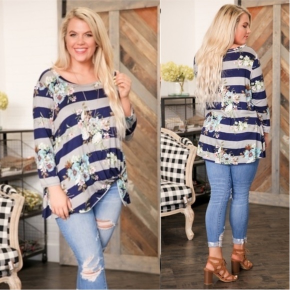 SKYE by Infinity Raine Tops - PLUS Navy -Gray Striped Knotted Side Tunic